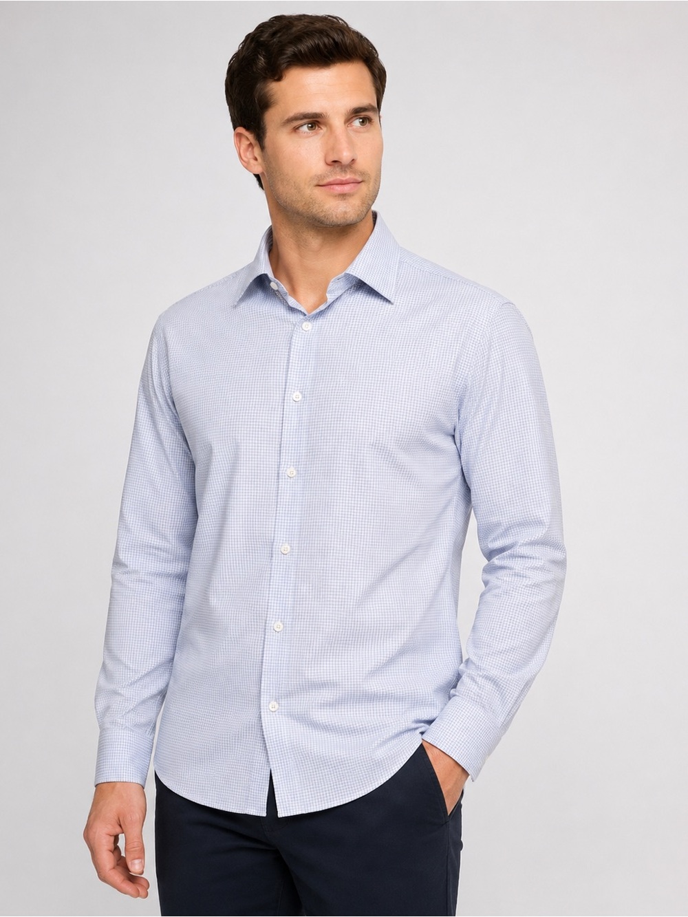 Report Collection Men's Light Blue Micro-Check Dress Shirt